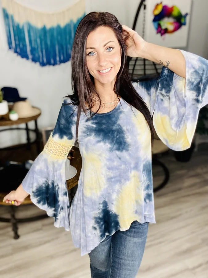 Reg. Blue/Yellow Tie Dye Bell Sleeve Top