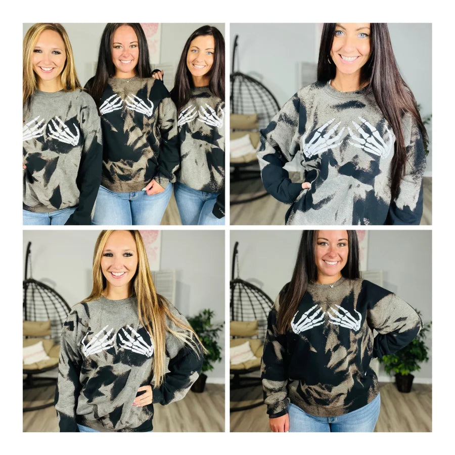 "Skeleton Hands" Bleached Crewneck Sweatshirt - Reg/Plus