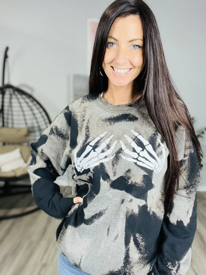 "Skeleton Hands" Bleached Crewneck Sweatshirt - Reg/Plus