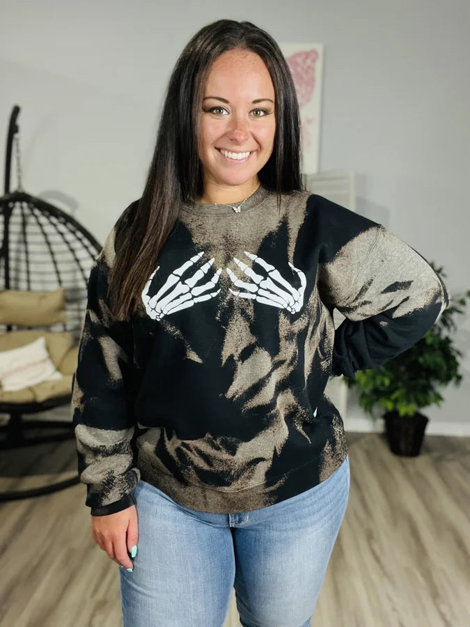 "Skeleton Hands" Bleached Crewneck Sweatshirt - Reg/Plus