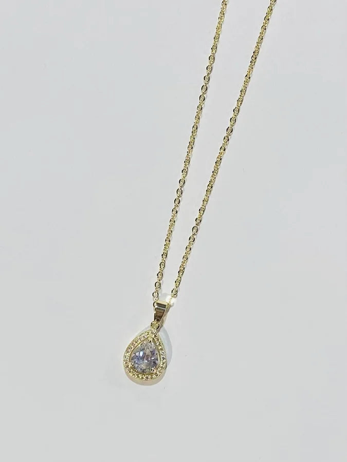 Gold Plated Brass Solitaire Pear-Shaped Cubic Zirconia Necklace - 16" +2