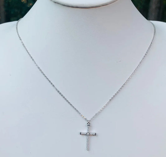 Sterling Silver Cubic Zirconia Pave Cross Necklace - 16-18"