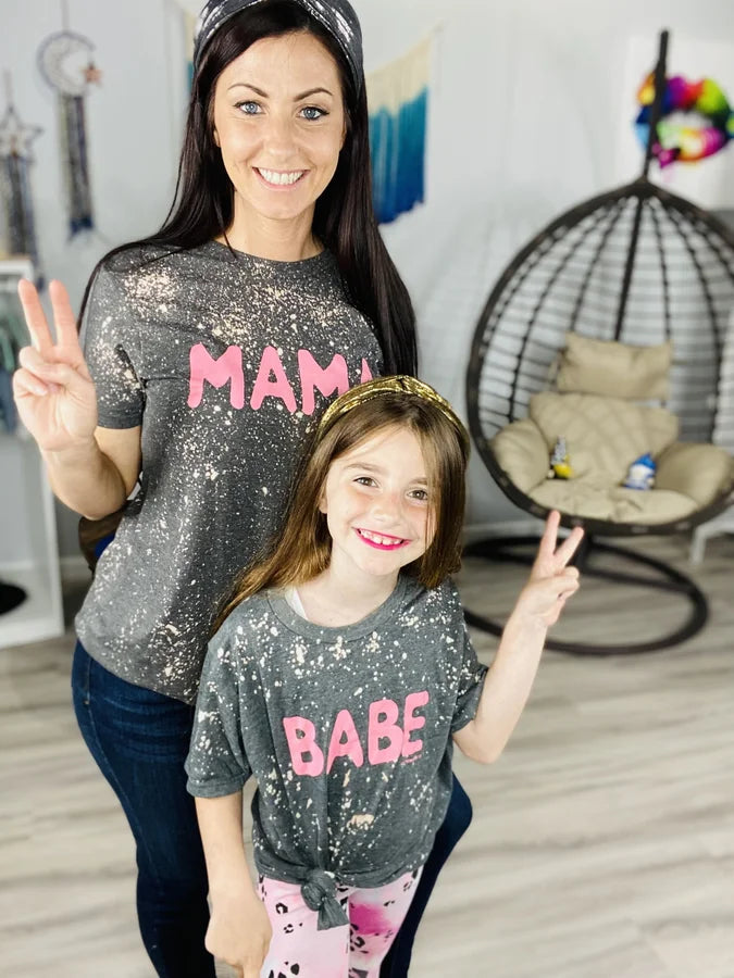 Grey Bleached "Mama" & "Babe" Adult/Youth Graphic Tee - Reg/Plus