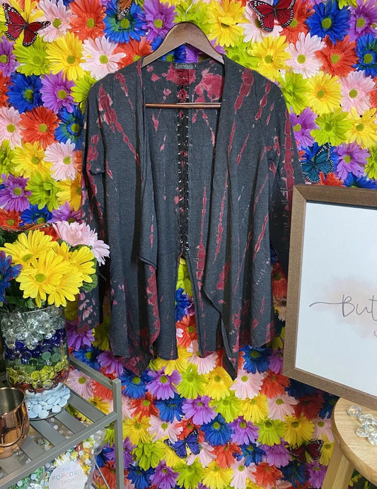 Charcoal/Ruby Tie Dye Long Sleeve Cardigan w/ Lace-Up Detail