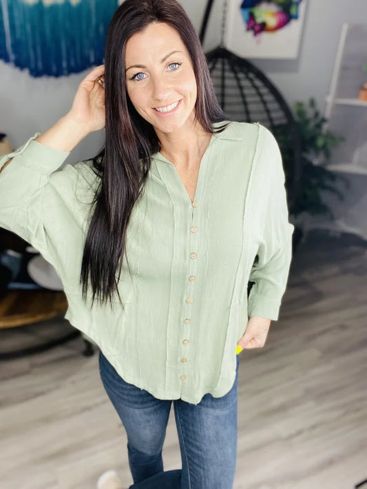 Reg. Sage Dolman Raw Cut Long Sleeve Top