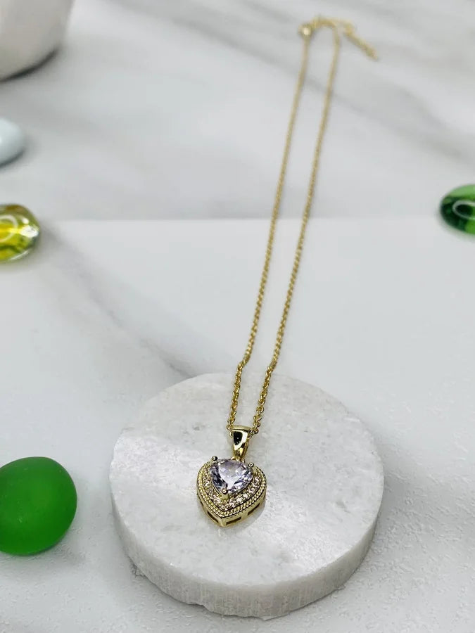 Gold Plated Brass Solitaire Heart-Shaped Cubic Zirconia Necklace - 16" +2