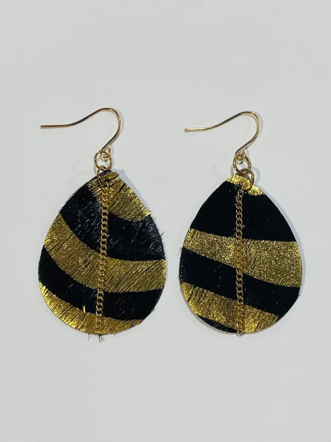 BLACK AND GOLD STRIPE LEATHER EARRINGS