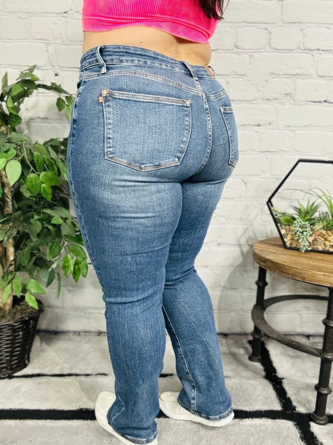 Judy Blue - "Ginger" Medium Blue High-Waisted Straight Leg Jeans (w/ Hidden Plaid Cuff)