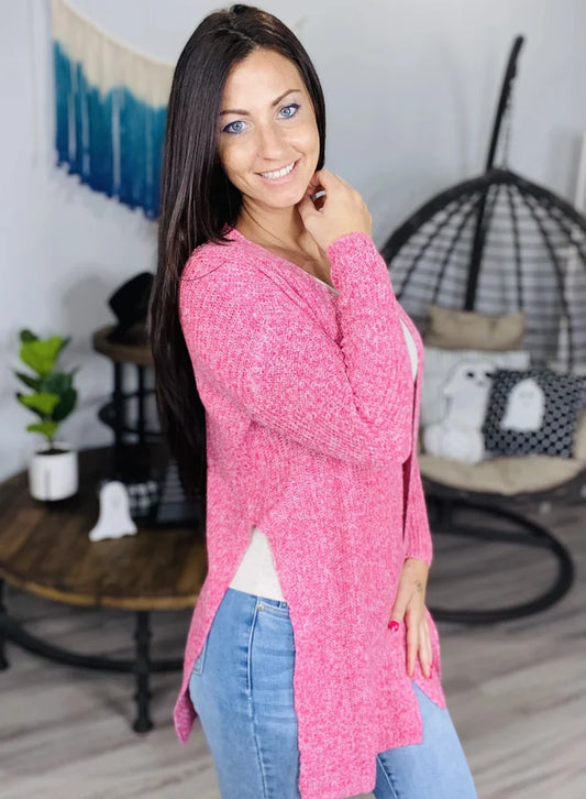 Pink Knit Cardigan w/ High Side Slits - Reg/Plus