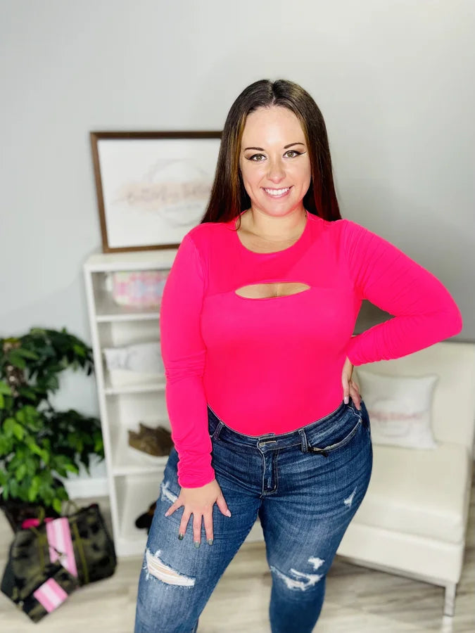 Reg/Plus Neon Pink Long Sleeve Peek-a-Boo Bodysuit