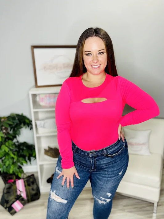Reg/Plus Neon Pink Long Sleeve Peek-a-Boo Bodysuit