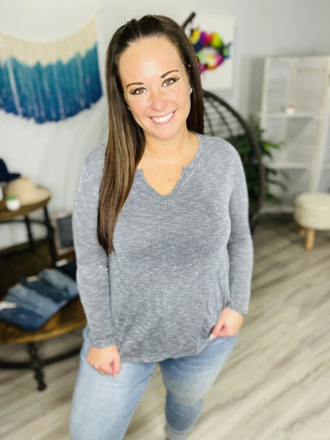 Reg/Plus Navy/Grey Ribbed Open V-Neck Long Sleeve Top