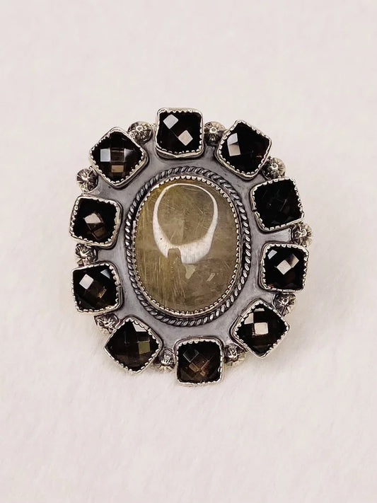 Natural Rutilated Quartz & Smoky Quartz Sterling Silver Ring - Size 8