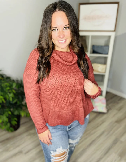 Reg. Brick Red Ribbed Cowl Neck Knit Sweater