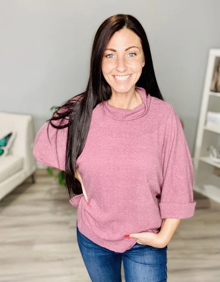 Reg Berry Ribbed Mock Neck 3/4 Sleeve Top