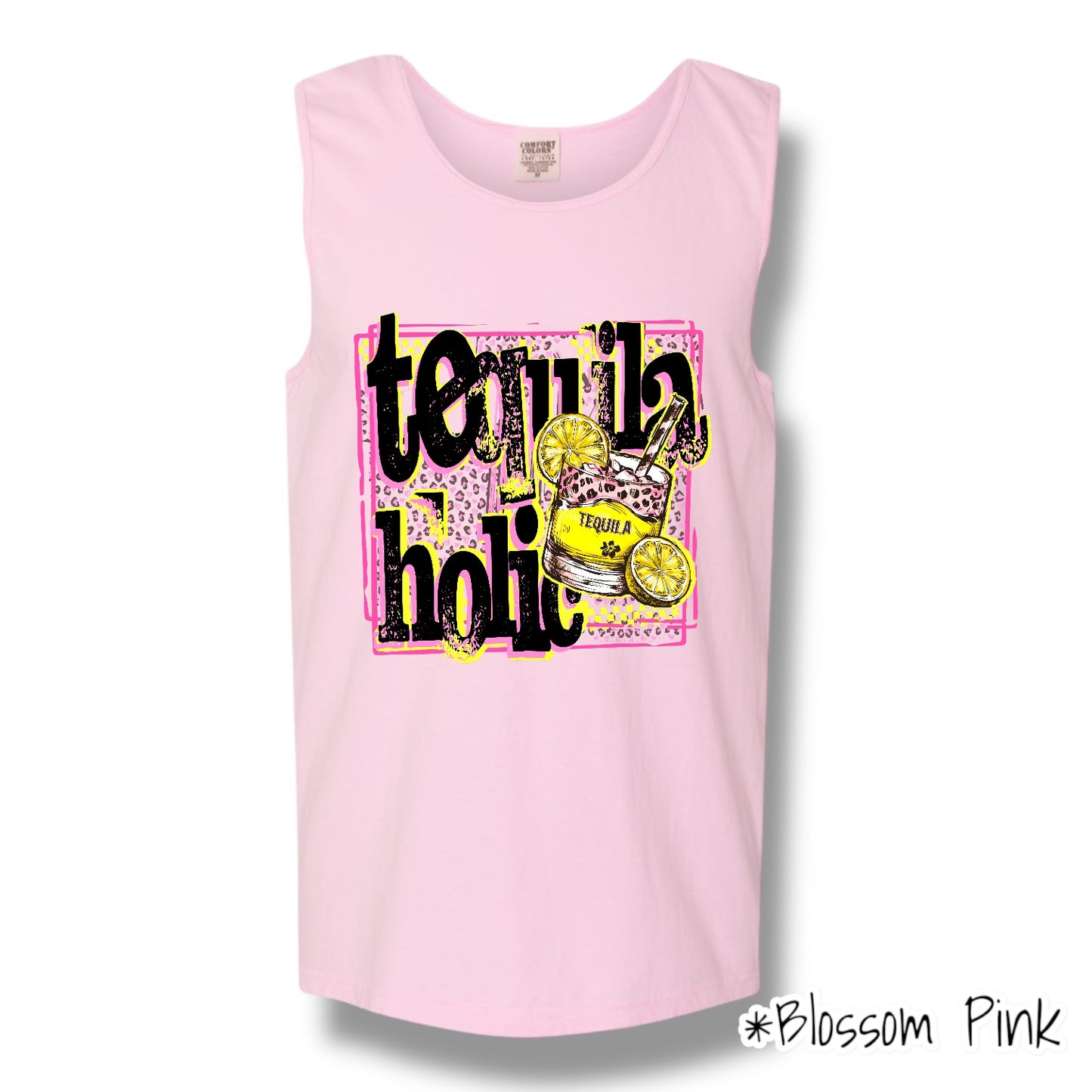"Tequilaholic" (Black Ink) Front Print Tank Top