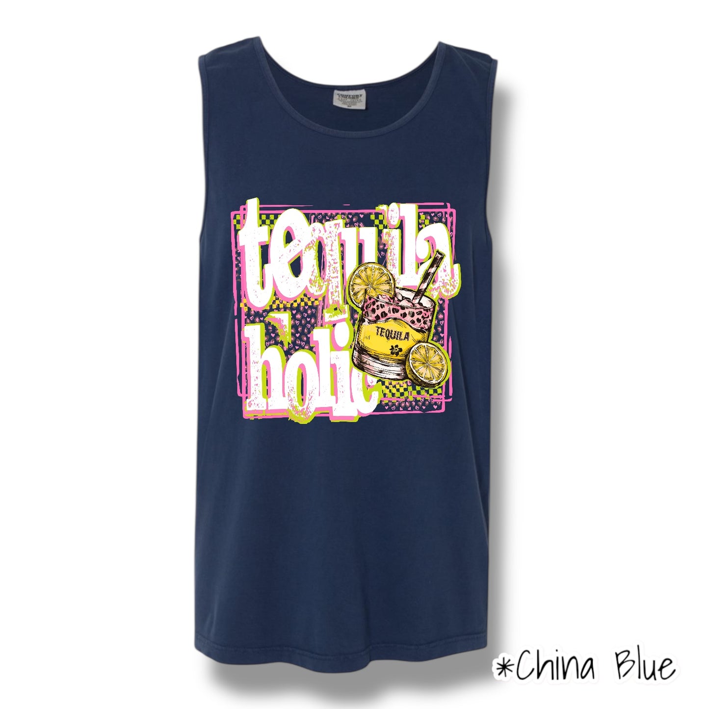 "Tequilaholic" (White Ink) Front Print Tank Top