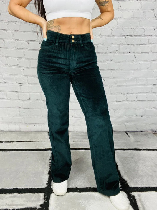 Judy Blue - "Alice" Dark Green Corduroy High-Waisted Wide Leg Jeans