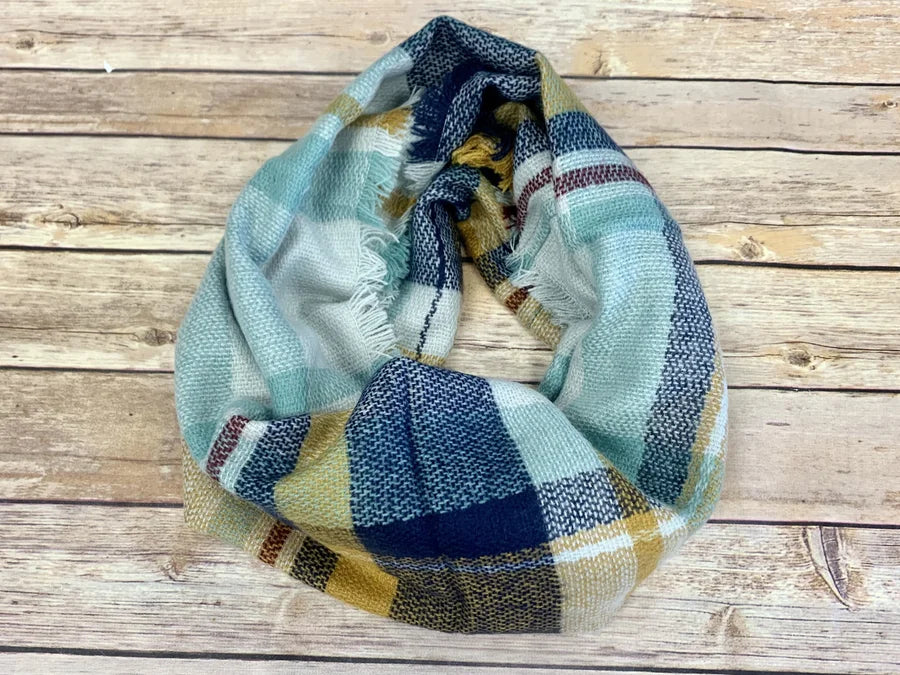 Mustard and Navy Plaid Infinity Scarf w/ Fringe