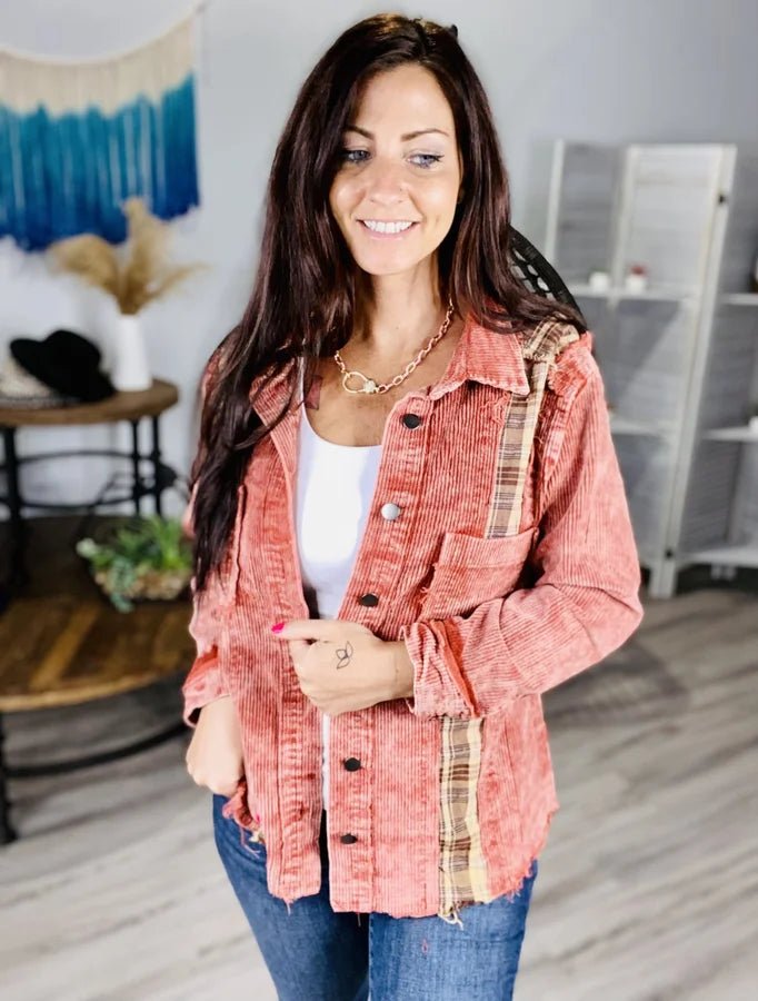 Burnt Red/Plaid Corduroy Jacket