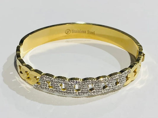 Gold Crystal Cuban Design Stainless Steel Bracelet