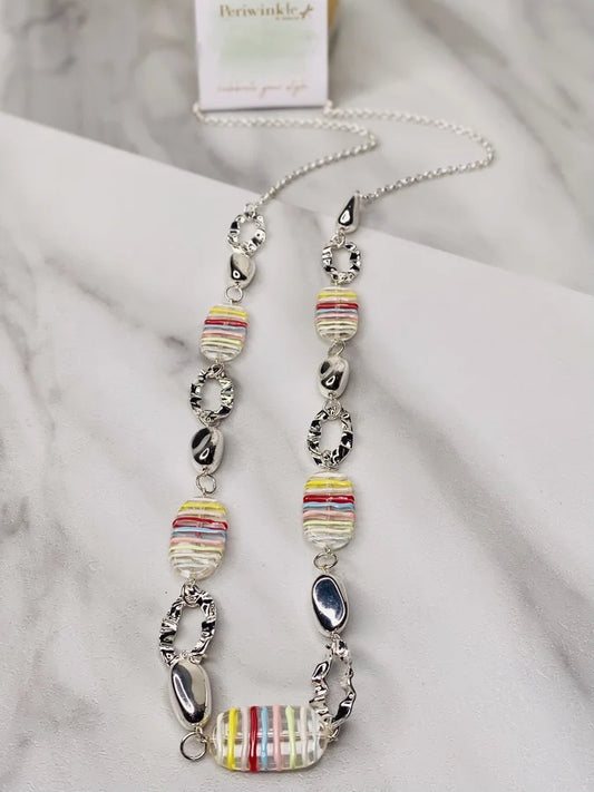 Silver Long Necklace w/ Rainbow Striped Beads by Periwinkle
