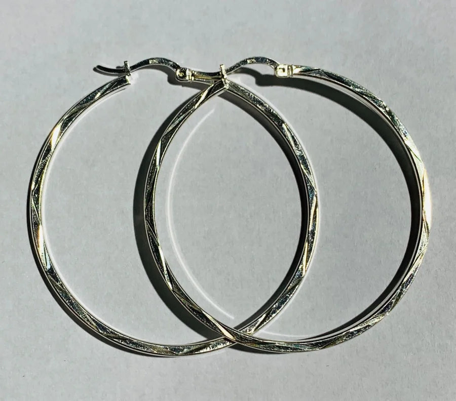 Sterling Silver Italian Diamond Cut Flat Hoop Earrings - 60MM