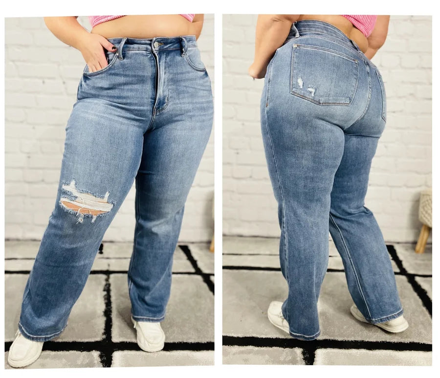 Judy Blue - "Marie" Medium Blue High-Waisted Tummy Control 90s Straight Leg Jeans