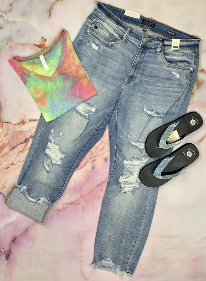 Judy Blue - Destroyed Hem Bleach Splash Boyfriend Jeans - Reg/Plus