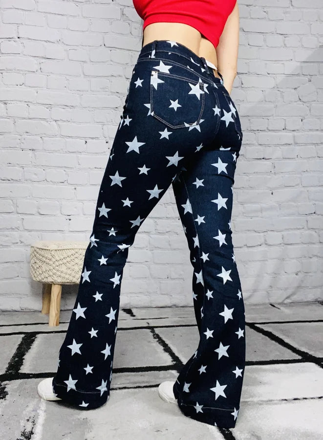 Judy Blue - "Betsy" Dark Blue High-Waisted Star Print Flare Jeans - Reg/Plus