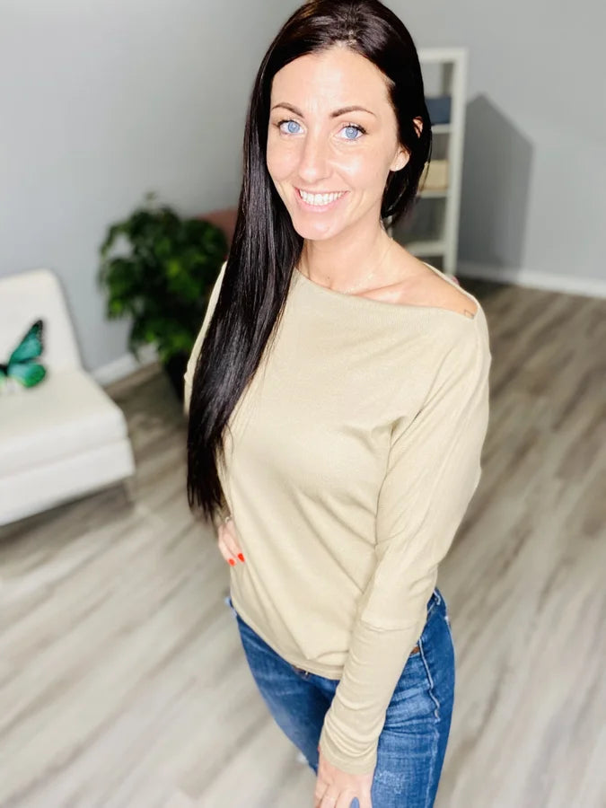 Reg. Tan Off-the-Shoulder Long Sleeve Top