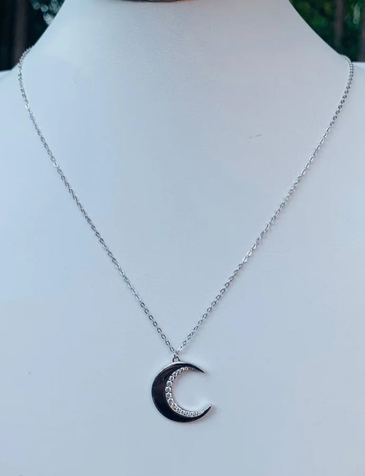 Sterling Silver Cubic Zirconia Moon Necklace - 16-18"