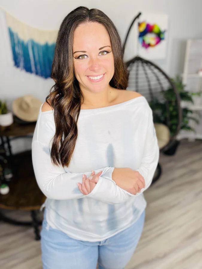 Reg. Ivory/Blue Tie Dye Off-the-Shoulder Long Sleeve Top