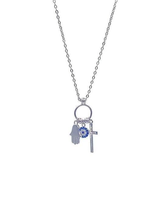 Sterling Silver Cross, Hamsa, Evil Eye Charm Necklace - 16" +2