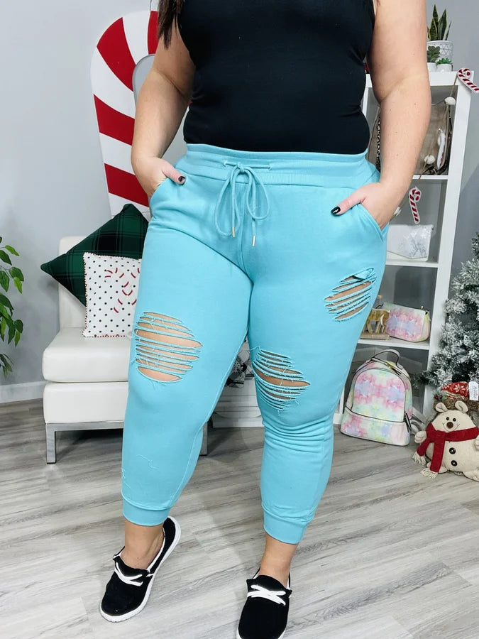 Reg/Plus Teal Distressed Joggers w/ Drawstring & Pockets