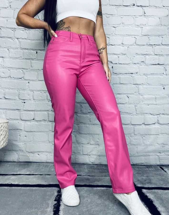 Judy Blue - "Rose" Pink High-Waisted Tummy Control Faux Leather Jeans