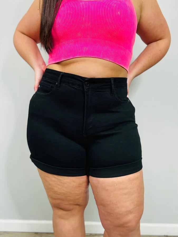 Judy Blue - "Sally" Black High-Waisted Tummy Control Cuffed Shorts