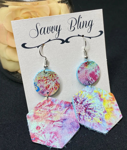 Savvy Bling Leather Tie Dye Dangle Earrings