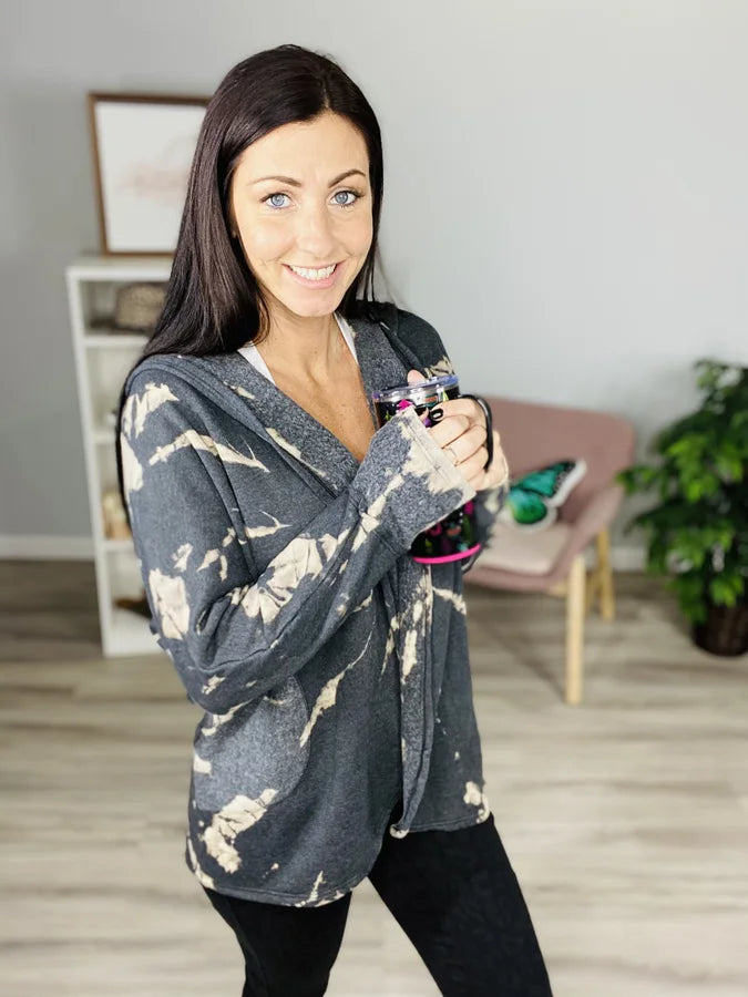 Reg. Charcoal/Taupe Tie Dye Dolman Sleeve Hoodie Cardigan