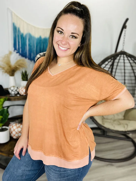 "Wherever We Go" Orange Washed Short Sleeve Top - Reg/Plus