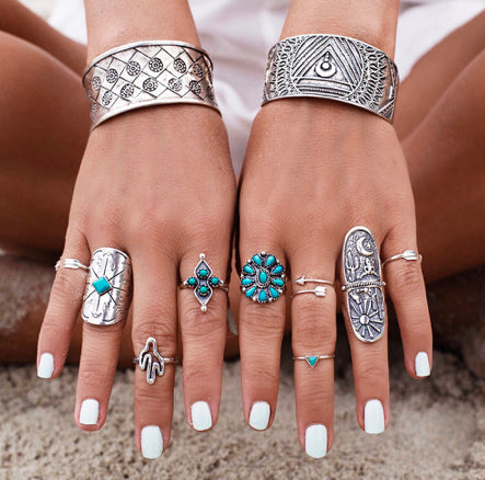 Silver and Turquoise Boho (9) Ring Set