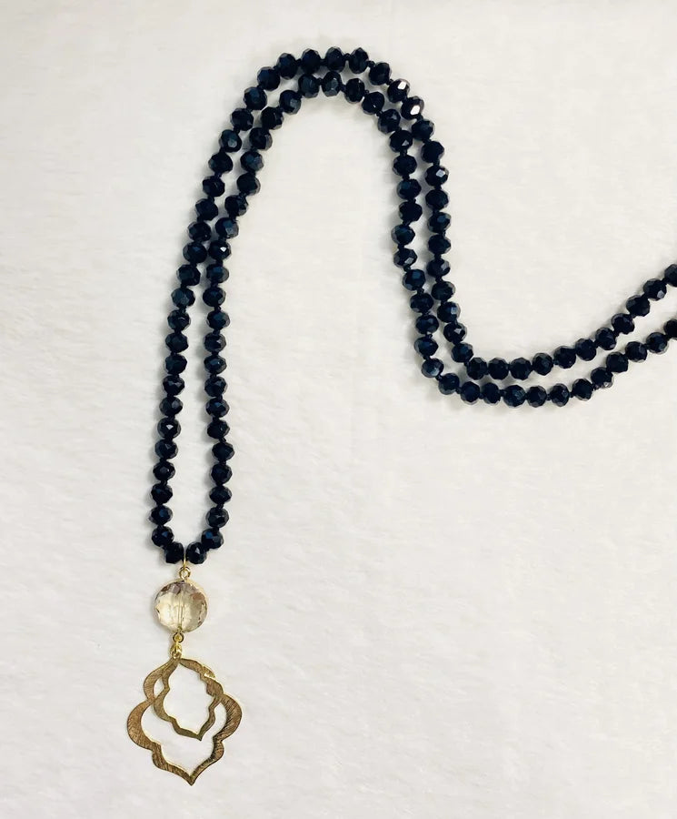 Long - Multi Faceted Beaded Necklace with Gold Pendant