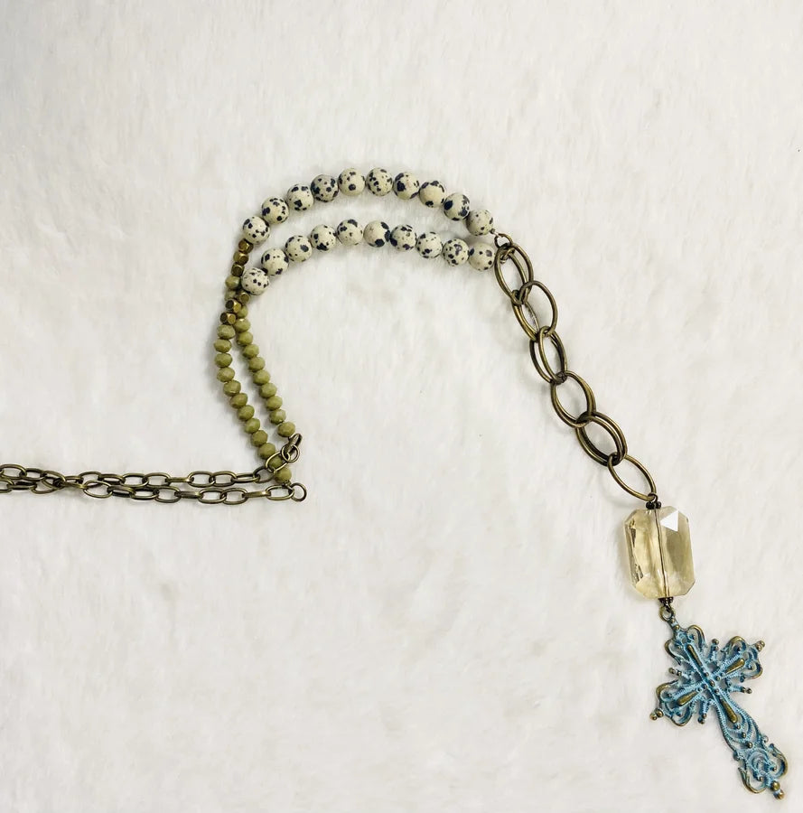 Long Chain & Beaded Necklace w/ Gold Cross Pendant