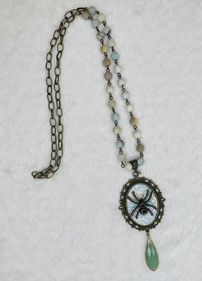 Long Chain & Beaded Statement Necklace w/ Spider Pendant & Stone