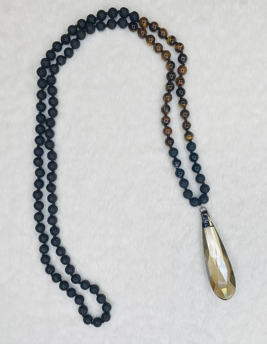 Long Black Beaded Statement Necklace w/ Large Stone