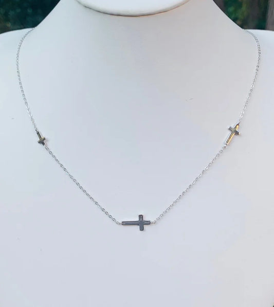 Sterling Silver 3-Side Cross Necklace - 16-18"