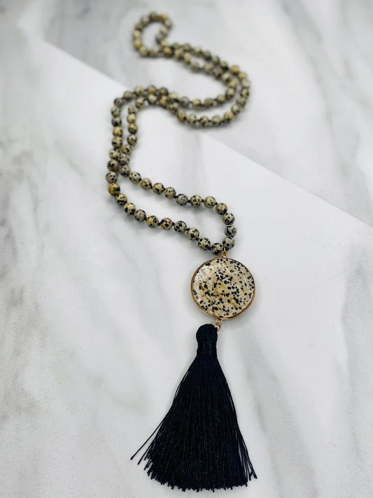 Dalmatian Jasper Beaded Necklace w/ Round Pendant & Tassel