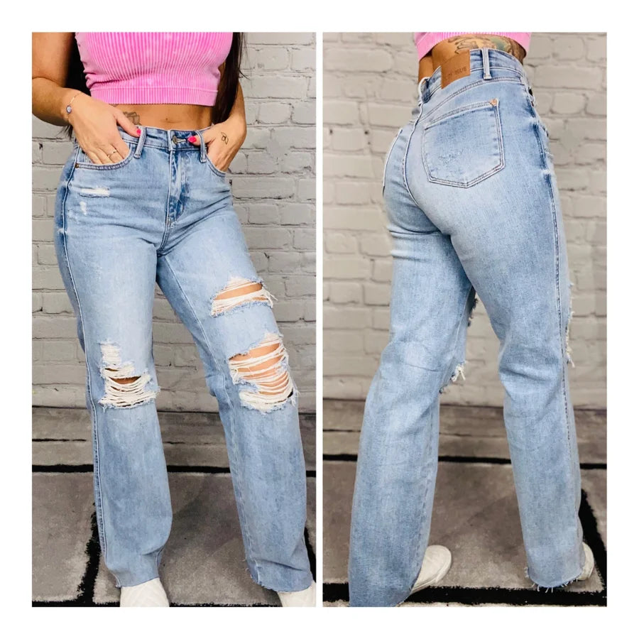 Judy Blue - "Brittany" Medium Blue Rigid Magic High-Waisted Destroyed 90s Straight Leg Jeans