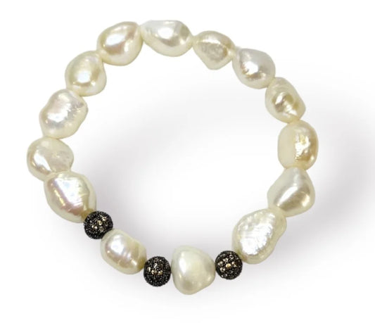 Fresh Water Pearl Champagne Cubic Zirconia Fire Ball Bracelet - 7-8"