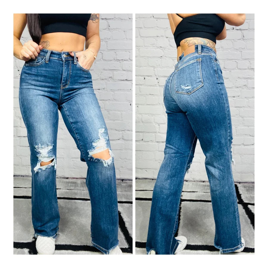 Judy Blue - "Megan" Dark Blue High-Waisted Destroyed 90s Straight Leg Jeans